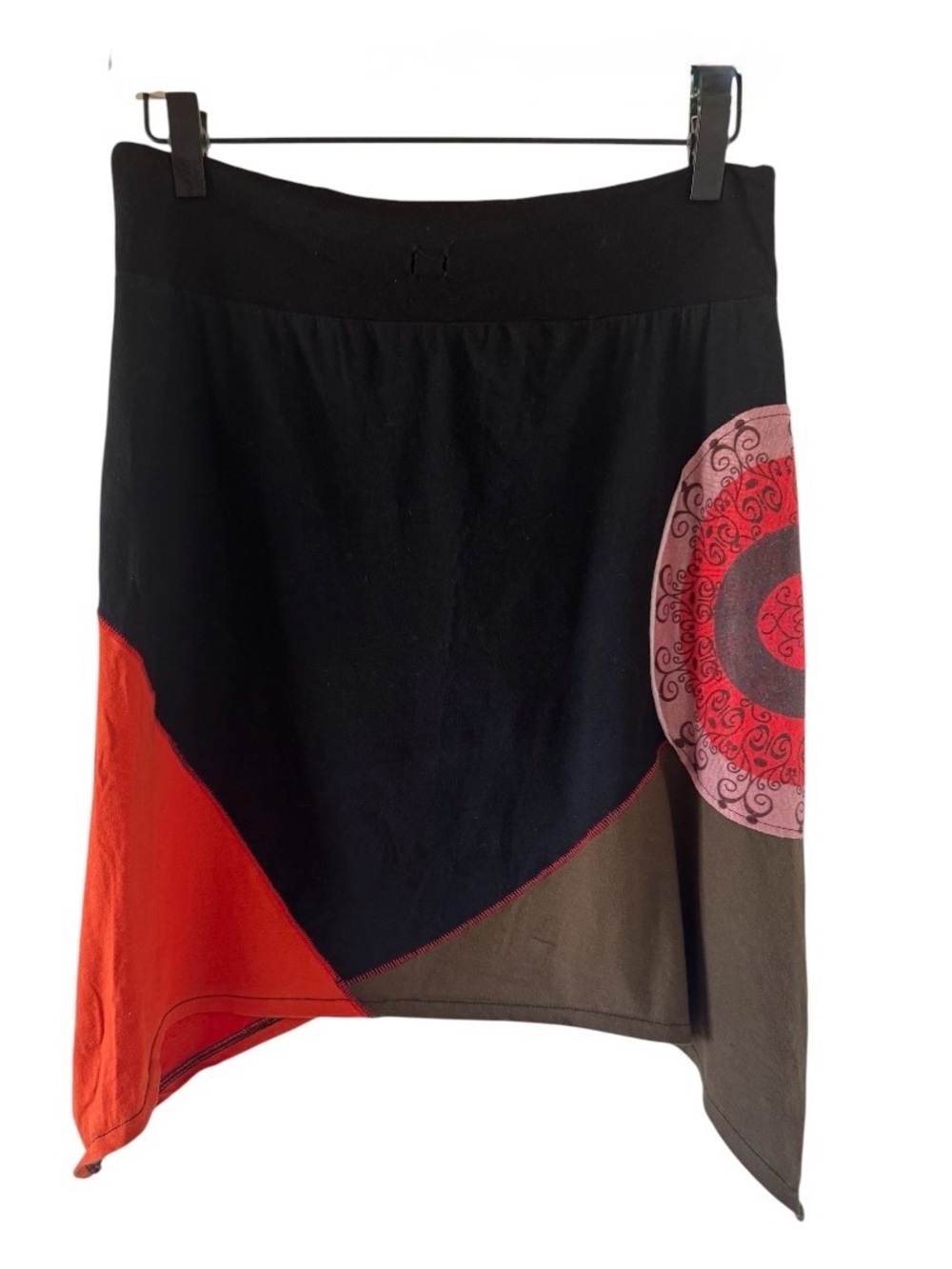 Za Zen Boho Asymmetrical Colorblock Skirt with Decorative Medallion